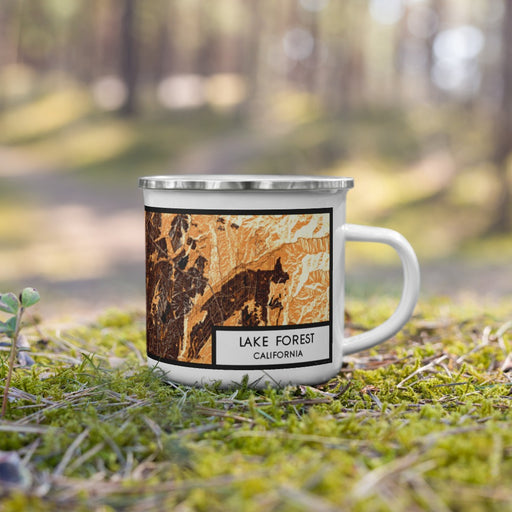 Right View Custom Lake Forest California Map Enamel Mug in Ember on Grass With Trees in Background