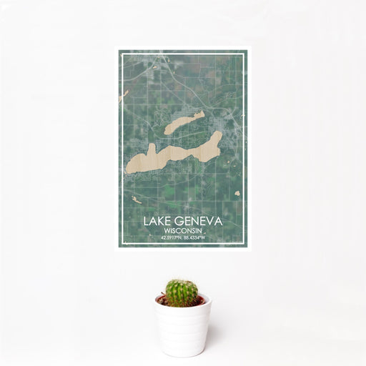 12x18 Lake Geneva Wisconsin Map Print Portrait Orientation in Afternoon Style With Small Cactus Plant in White Planter