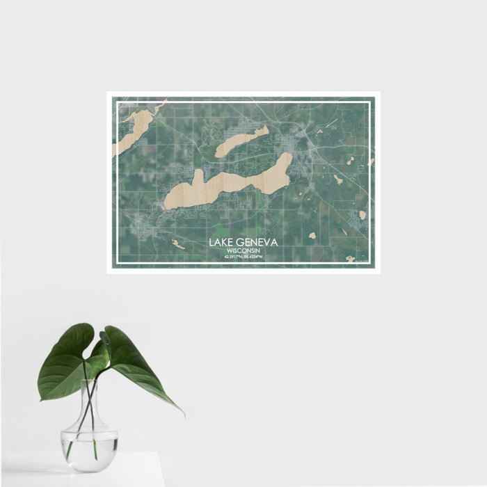 16x24 Lake Geneva Wisconsin Map Print Landscape Orientation in Afternoon Style With Tropical Plant Leaves in Water