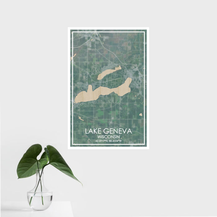 16x24 Lake Geneva Wisconsin Map Print Portrait Orientation in Afternoon Style With Tropical Plant Leaves in Water