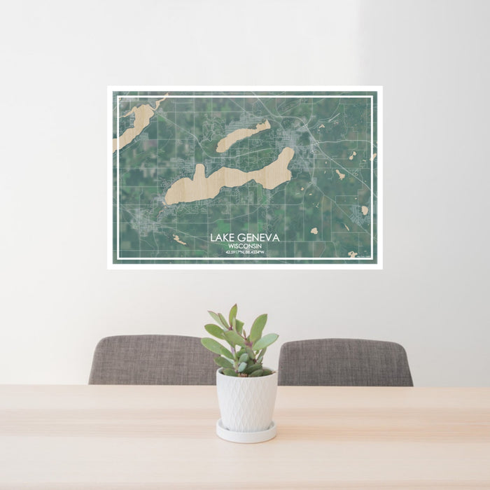 24x36 Lake Geneva Wisconsin Map Print Lanscape Orientation in Afternoon Style Behind 2 Chairs Table and Potted Plant