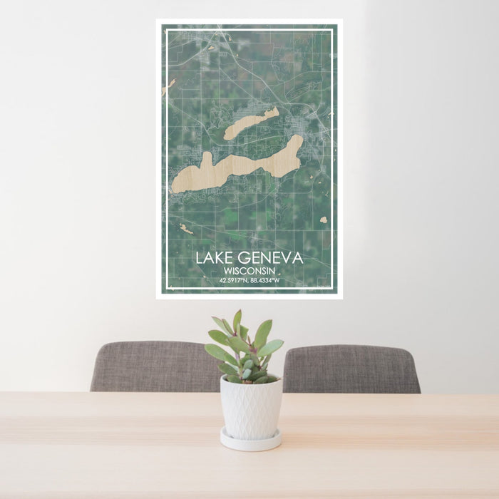 24x36 Lake Geneva Wisconsin Map Print Portrait Orientation in Afternoon Style Behind 2 Chairs Table and Potted Plant