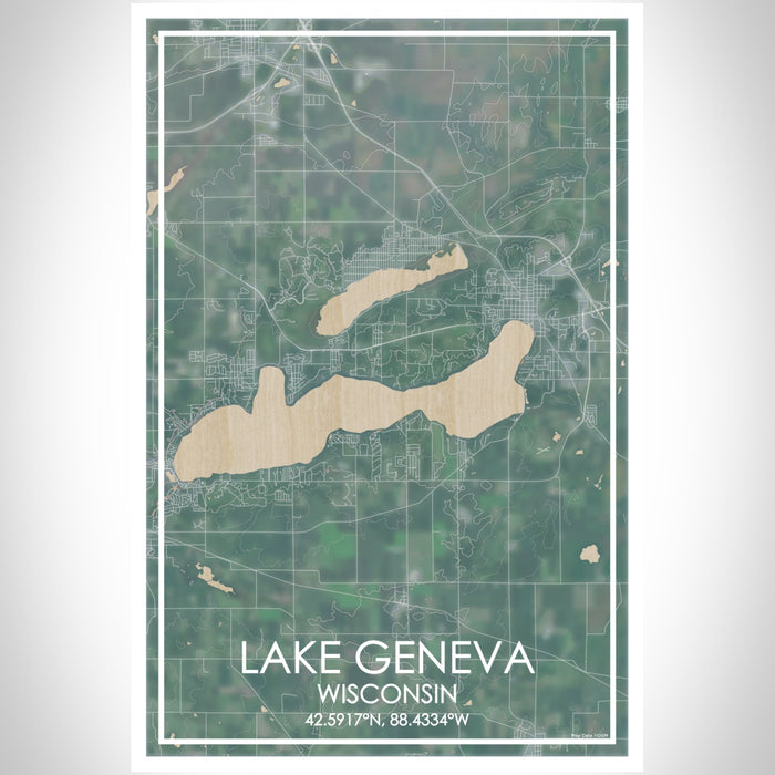 Lake Geneva Wisconsin Map Print Portrait Orientation in Afternoon Style With Shaded Background