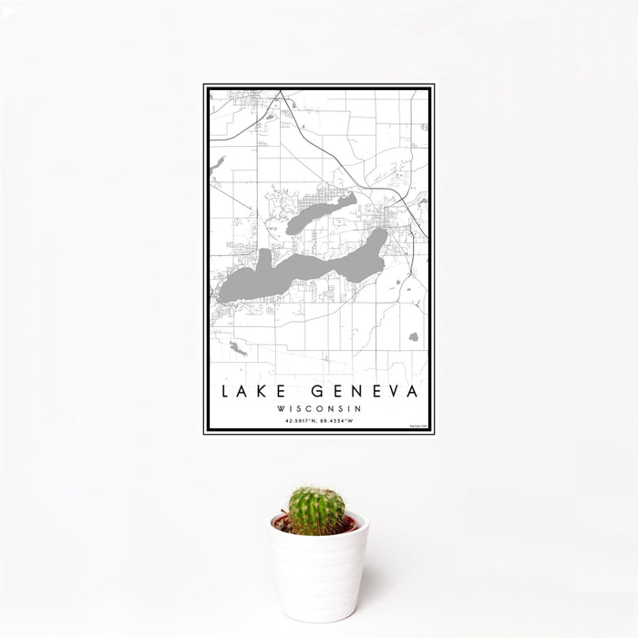 12x18 Lake Geneva Wisconsin Map Print Portrait Orientation in Classic Style With Small Cactus Plant in White Planter