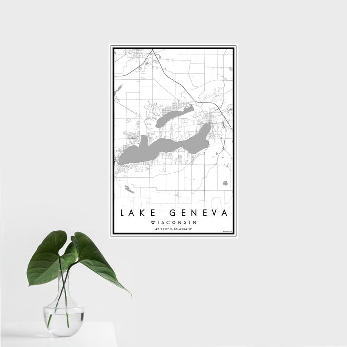 16x24 Lake Geneva Wisconsin Map Print Portrait Orientation in Classic Style With Tropical Plant Leaves in Water