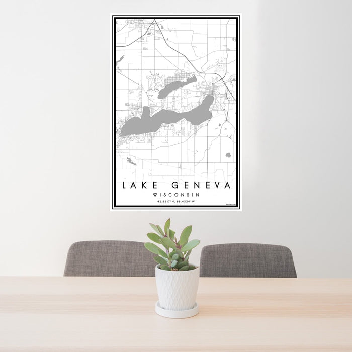 24x36 Lake Geneva Wisconsin Map Print Portrait Orientation in Classic Style Behind 2 Chairs Table and Potted Plant