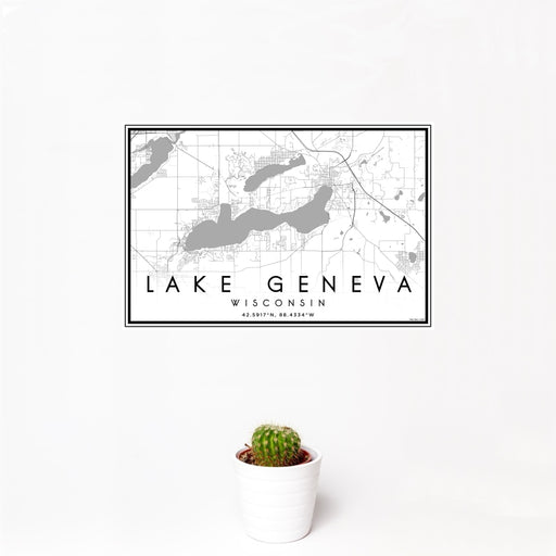 12x18 Lake Geneva Wisconsin Map Print Landscape Orientation in Classic Style With Small Cactus Plant in White Planter