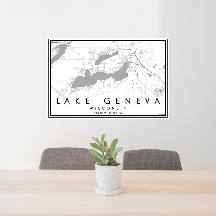 24x36 Lake Geneva Wisconsin Map Print Landscape Orientation in Classic Style Behind 2 Chairs Table and Potted Plant