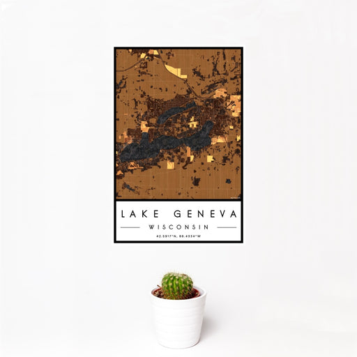 12x18 Lake Geneva Wisconsin Map Print Portrait Orientation in Ember Style With Small Cactus Plant in White Planter