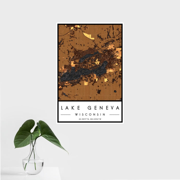 16x24 Lake Geneva Wisconsin Map Print Portrait Orientation in Ember Style With Tropical Plant Leaves in Water