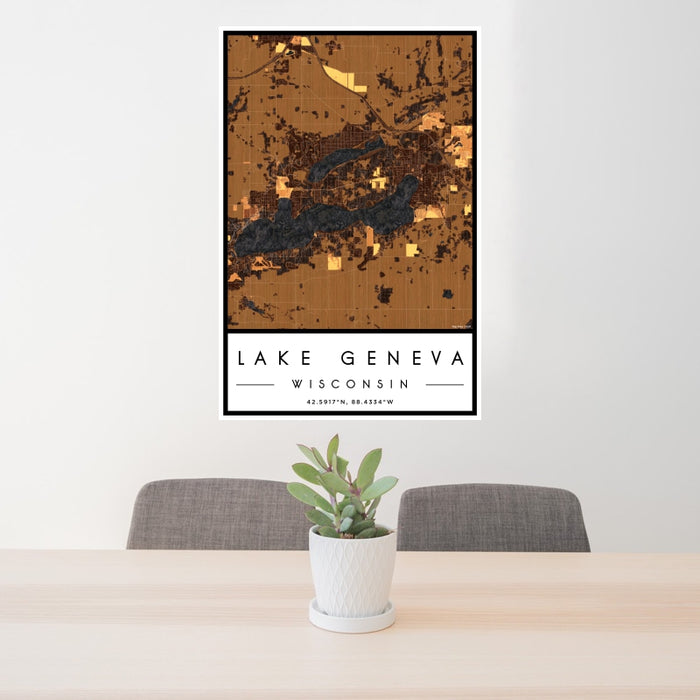 24x36 Lake Geneva Wisconsin Map Print Portrait Orientation in Ember Style Behind 2 Chairs Table and Potted Plant