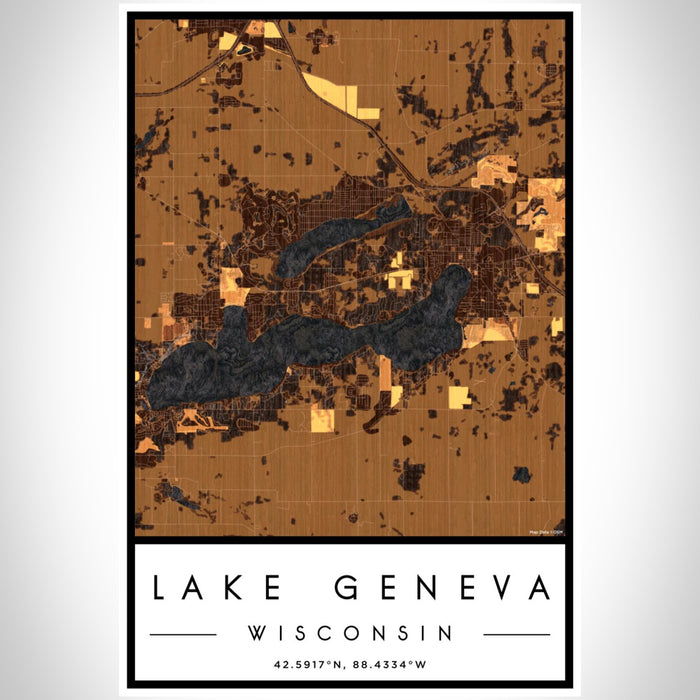 Lake Geneva Wisconsin Map Print Portrait Orientation in Ember Style With Shaded Background