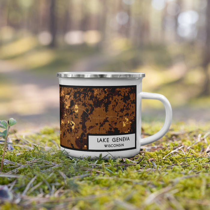 Right View Custom Lake Geneva Wisconsin Map Enamel Mug in Ember on Grass With Trees in Background
