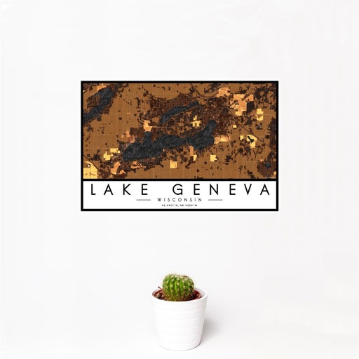 12x18 Lake Geneva Wisconsin Map Print Landscape Orientation in Ember Style With Small Cactus Plant in White Planter