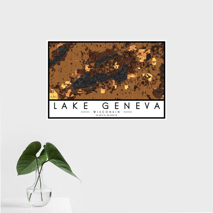 16x24 Lake Geneva Wisconsin Map Print Landscape Orientation in Ember Style With Tropical Plant Leaves in Water