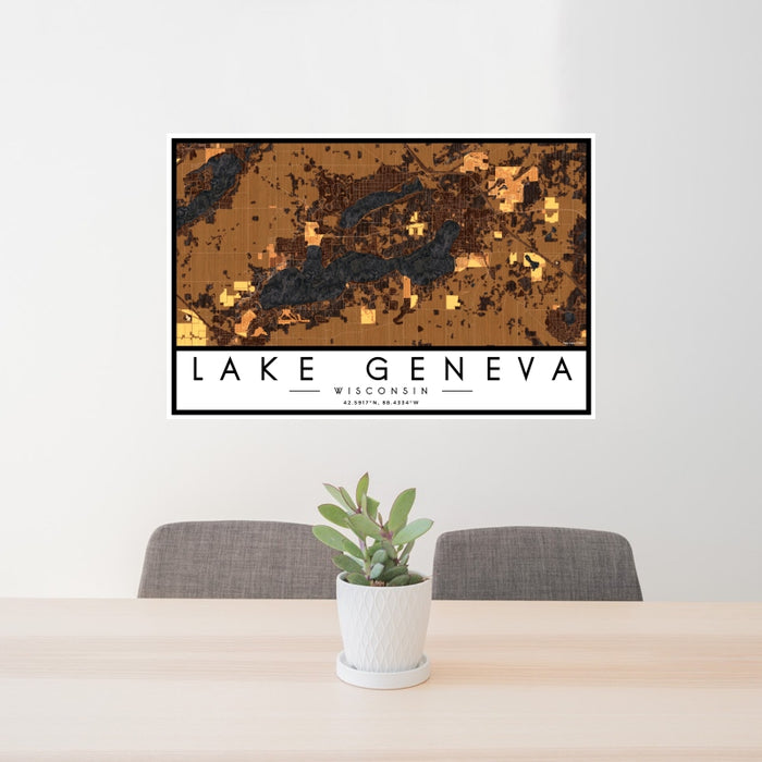 24x36 Lake Geneva Wisconsin Map Print Landscape Orientation in Ember Style Behind 2 Chairs Table and Potted Plant