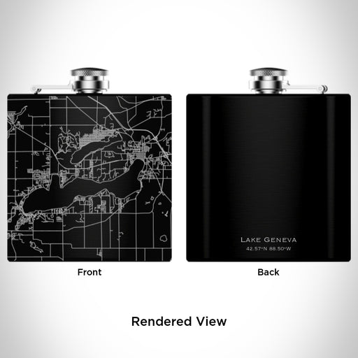 Rendered View of Lake Geneva Wisconsin Map Engraving on 6oz Stainless Steel Flask in Black