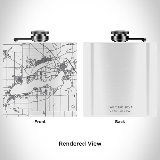 Rendered View of Lake Geneva Wisconsin Map Engraving on 6oz Stainless Steel Flask in White
