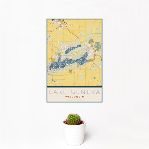 12x18 Lake Geneva Wisconsin Map Print Portrait Orientation in Woodblock Style With Small Cactus Plant in White Planter
