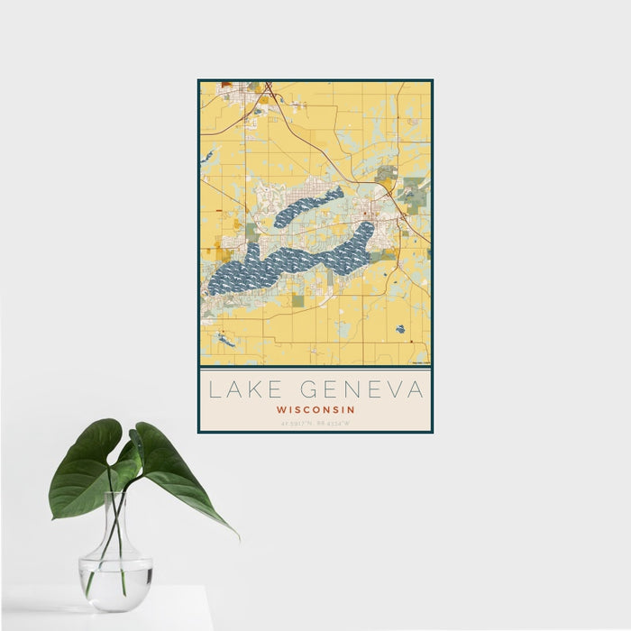 16x24 Lake Geneva Wisconsin Map Print Portrait Orientation in Woodblock Style With Tropical Plant Leaves in Water