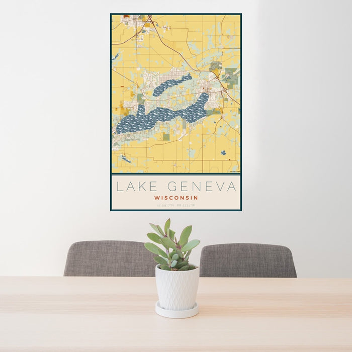 24x36 Lake Geneva Wisconsin Map Print Portrait Orientation in Woodblock Style Behind 2 Chairs Table and Potted Plant