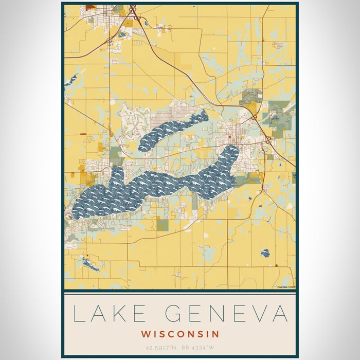 Lake Geneva Wisconsin Map Print Portrait Orientation in Woodblock Style With Shaded Background