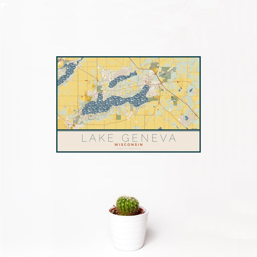 12x18 Lake Geneva Wisconsin Map Print Landscape Orientation in Woodblock Style With Small Cactus Plant in White Planter