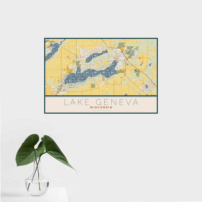 16x24 Lake Geneva Wisconsin Map Print Landscape Orientation in Woodblock Style With Tropical Plant Leaves in Water