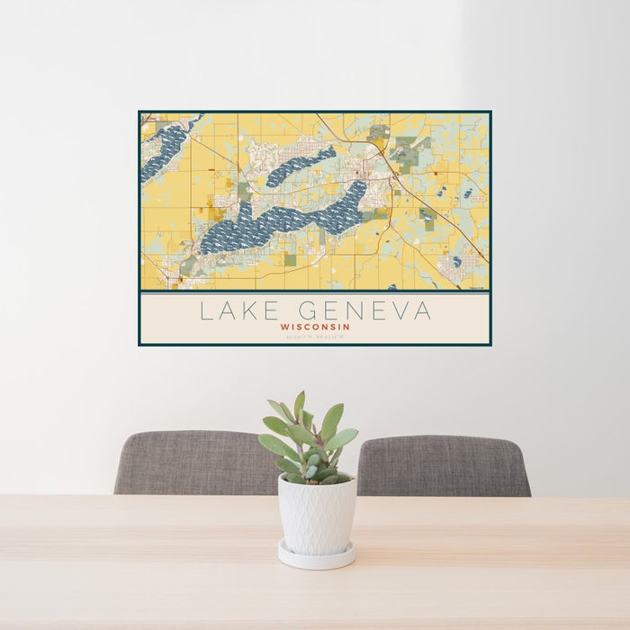24x36 Lake Geneva Wisconsin Map Print Landscape Orientation in Woodblock Style Behind 2 Chairs Table and Potted Plant