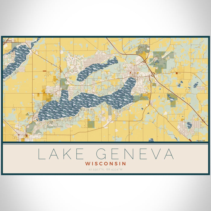 Lake Geneva Wisconsin Map Print Landscape Orientation in Woodblock Style With Shaded Background