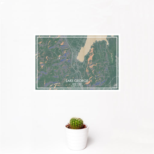 12x18 Lake George New York Map Print Landscape Orientation in Afternoon Style With Small Cactus Plant in White Planter