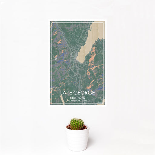 12x18 Lake George New York Map Print Portrait Orientation in Afternoon Style With Small Cactus Plant in White Planter