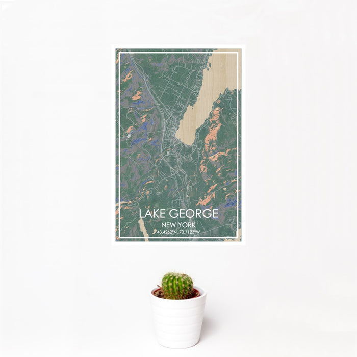 12x18 Lake George New York Map Print Portrait Orientation in Afternoon Style With Small Cactus Plant in White Planter