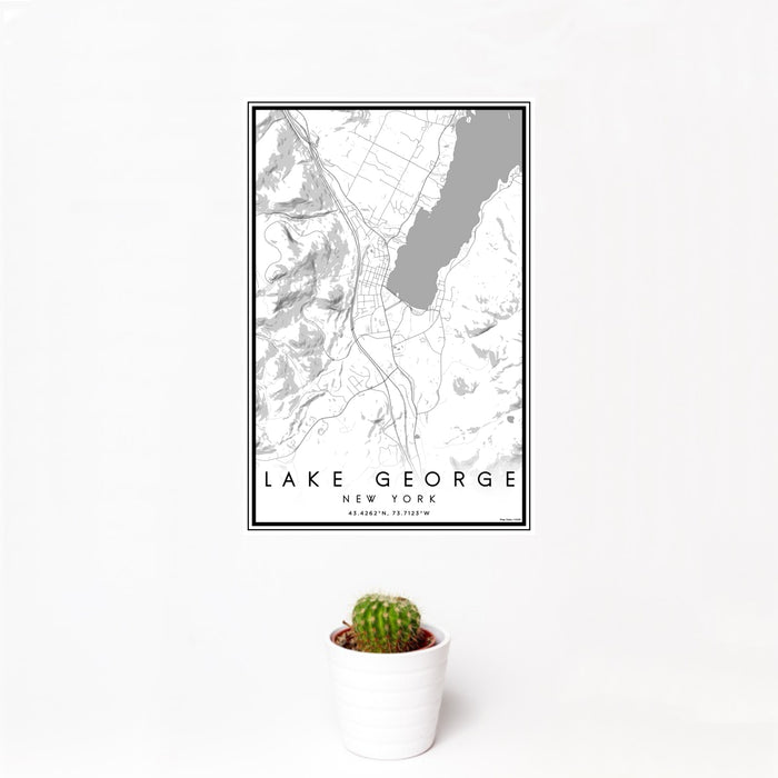 12x18 Lake George New York Map Print Portrait Orientation in Classic Style With Small Cactus Plant in White Planter
