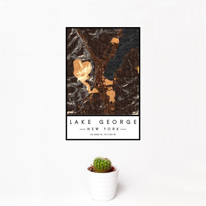 12x18 Lake George New York Map Print Portrait Orientation in Ember Style With Small Cactus Plant in White Planter