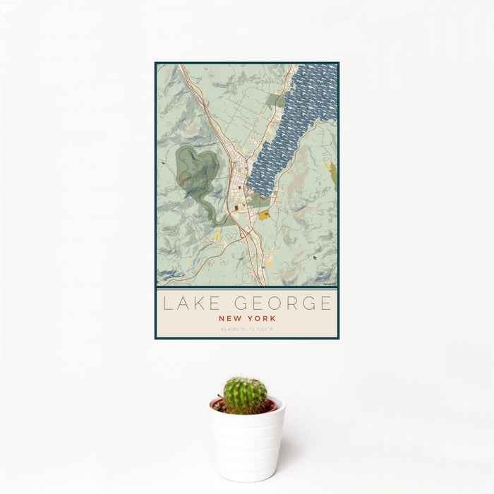 12x18 Lake George New York Map Print Portrait Orientation in Woodblock Style With Small Cactus Plant in White Planter