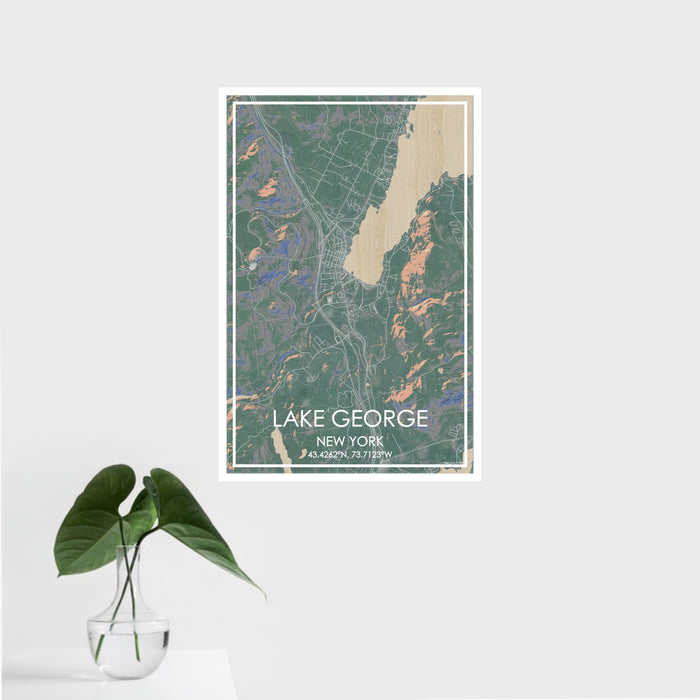 16x24 Lake George New York Map Print Portrait Orientation in Afternoon Style With Tropical Plant Leaves in Water