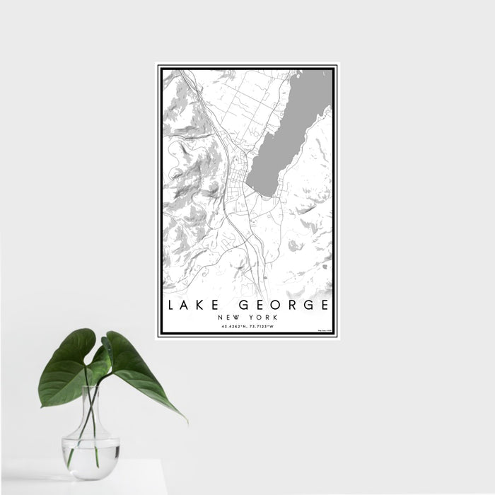 16x24 Lake George New York Map Print Portrait Orientation in Classic Style With Tropical Plant Leaves in Water
