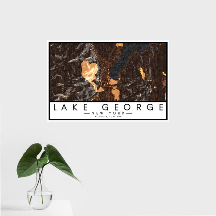 16x24 Lake George New York Map Print Landscape Orientation in Ember Style With Tropical Plant Leaves in Water