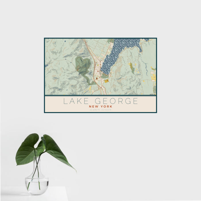 16x24 Lake George New York Map Print Landscape Orientation in Woodblock Style With Tropical Plant Leaves in Water