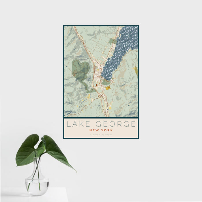 16x24 Lake George New York Map Print Portrait Orientation in Woodblock Style With Tropical Plant Leaves in Water