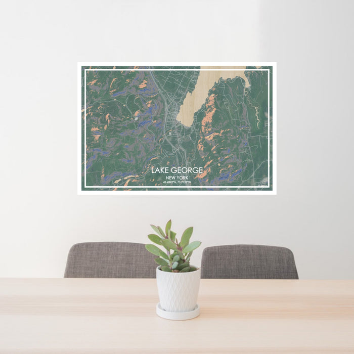 24x36 Lake George New York Map Print Lanscape Orientation in Afternoon Style Behind 2 Chairs Table and Potted Plant