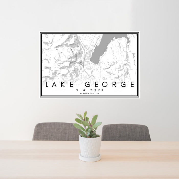 24x36 Lake George New York Map Print Lanscape Orientation in Classic Style Behind 2 Chairs Table and Potted Plant