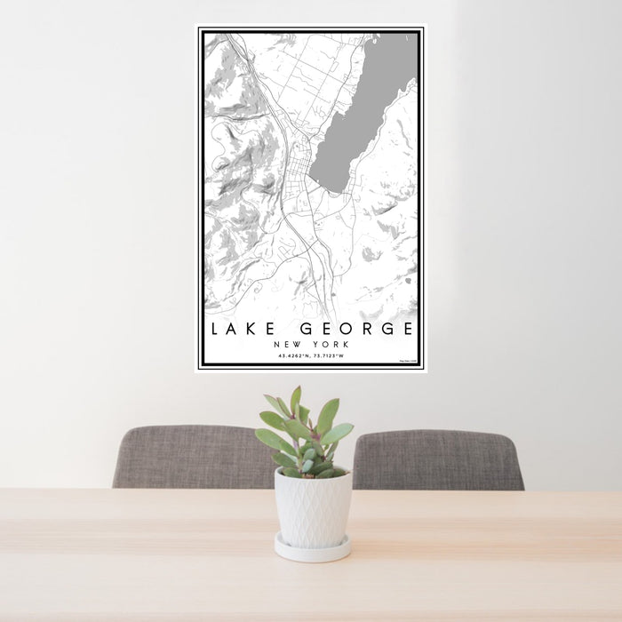 24x36 Lake George New York Map Print Portrait Orientation in Classic Style Behind 2 Chairs Table and Potted Plant