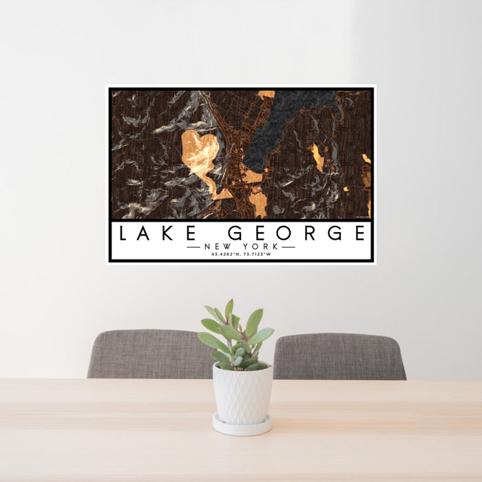 24x36 Lake George New York Map Print Lanscape Orientation in Ember Style Behind 2 Chairs Table and Potted Plant