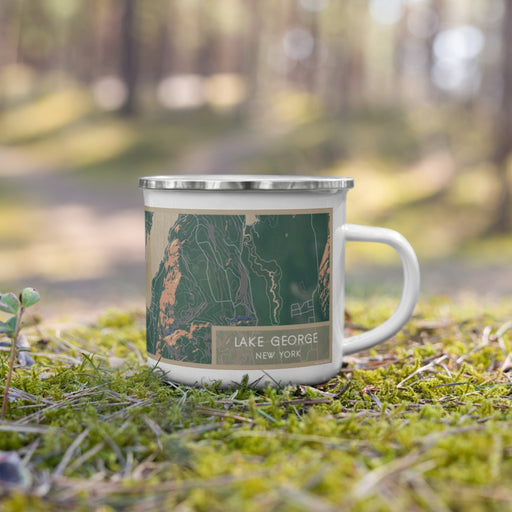 Right View Custom Lake George New York Map Enamel Mug in Afternoon on Grass With Trees in Background