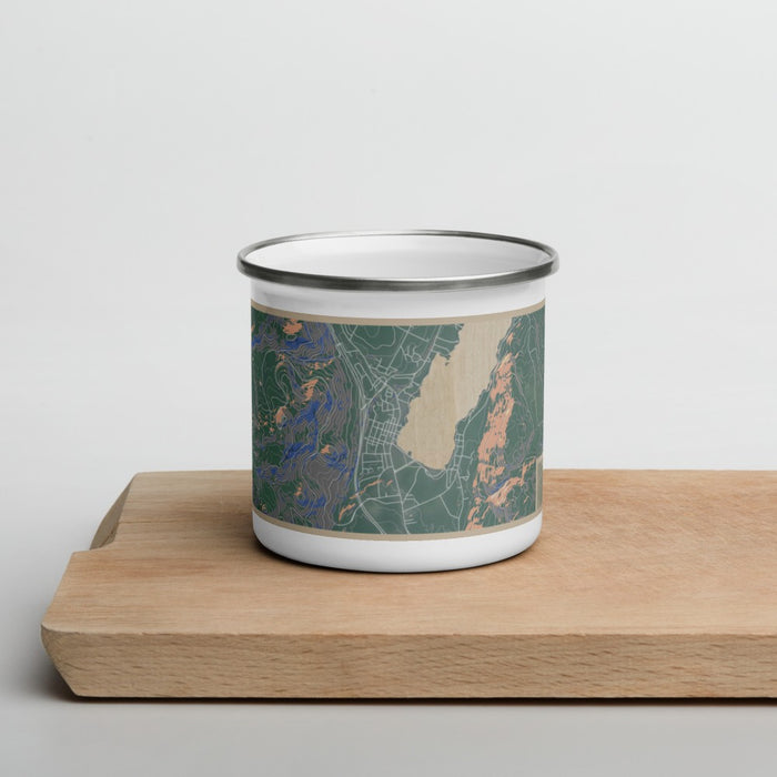 Front View Custom Lake George New York Map Enamel Mug in Afternoon on Cutting Board