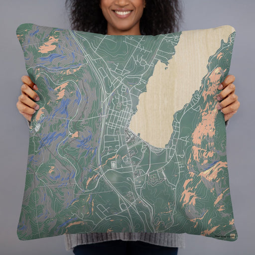 Person holding 22x22 Custom Lake George New York Map Throw Pillow in Afternoon