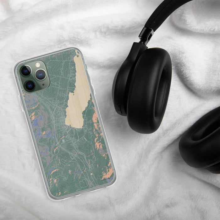 Custom Lake George New York Map Phone Case in Afternoon on Table with Black Headphones