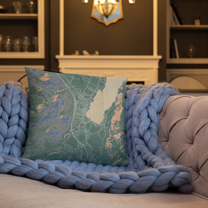 Custom Lake George New York Map Throw Pillow in Afternoon on Cream Colored Couch